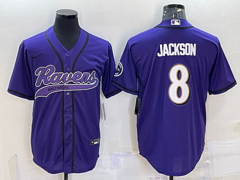 Men's Baltimore Ravens #8 Lamar Jackson Purple With Patch Cool Base Stitched Baseball Jersey